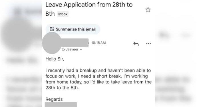 ବ୍ରେକ୍ ଅପ୍ ପାଇଁ କର୍ମଚାରୀ ମାଗିଲେ ଲମ୍ବା ଛୁଟି, ମାଲିକ କହିଲେ ଏମିତି    ବ୍ରେକ୍ ଅପ୍ ପାଇଁ କର୍ମଚାରୀ ମାଗିଲେ ଲମ୍ବା ଛୁଟି, ମାଲିକ କହିଲେ ଏମିତି